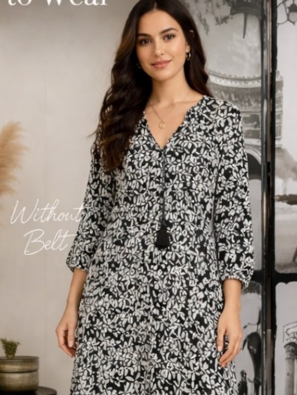 Women's Midi Dress - 100% COTTON Black and Cream Floral Print Size S